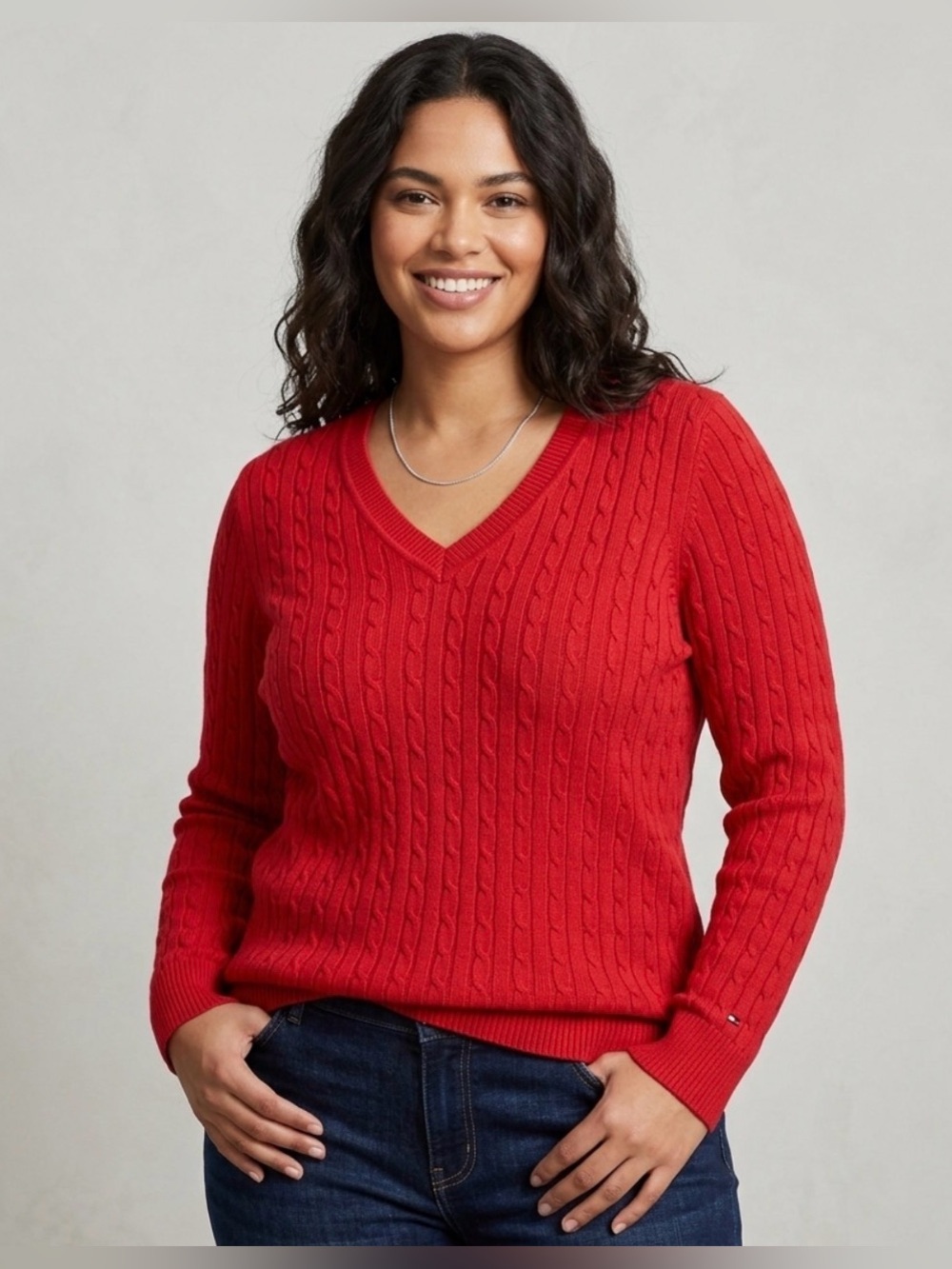 Tommy Hilfiger Women's Red Cable-Knit V-Neck Sweater